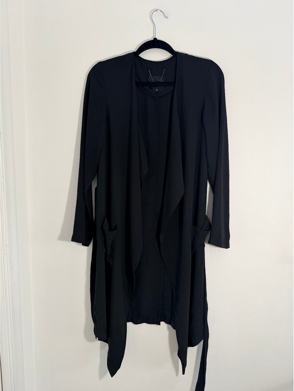 Mohito Collection Black Waterfall Duster Cardigan Belted Open Front Long Sleeve